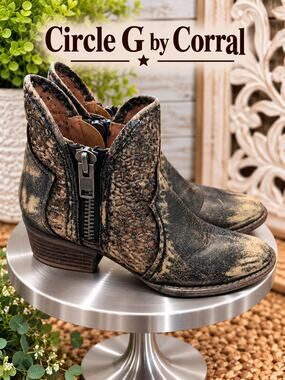 Circle G by Corral Black Brown Leather Cutout Western Ankle Boots 7.5